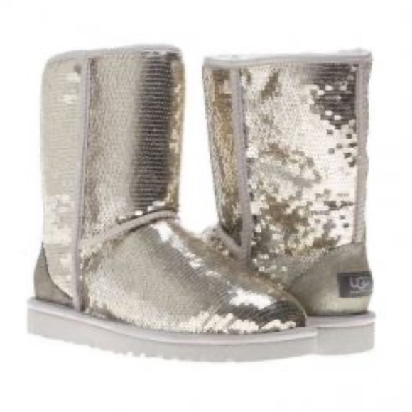 UGG Shoes - UGG Classic Short Gold Silver Sparkles Sequin Sheepskin Lined Boots 3161 F19011A